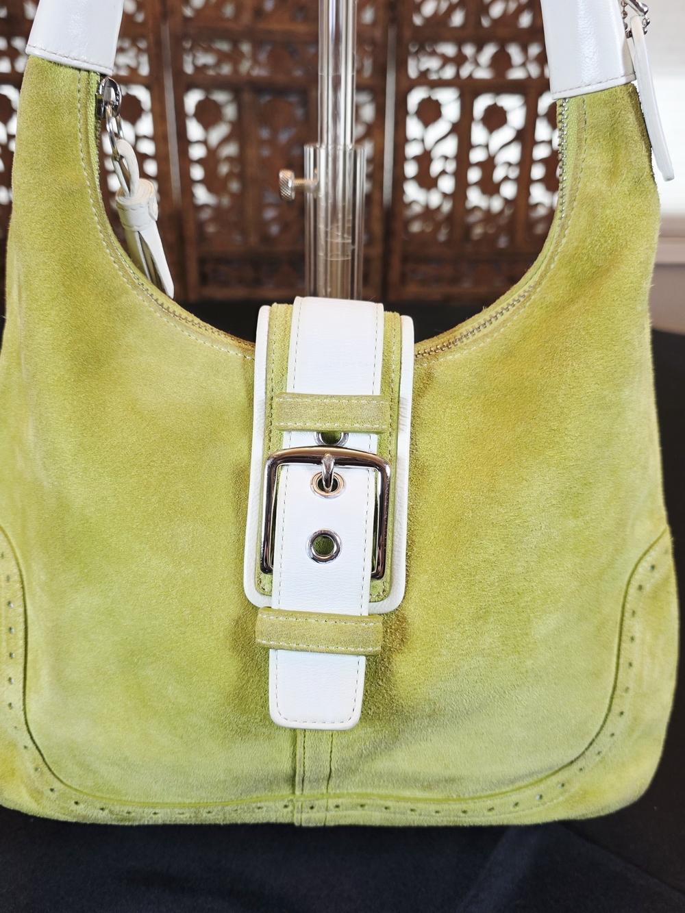 Coach Lime Suede Shoulder Bag with White Trim